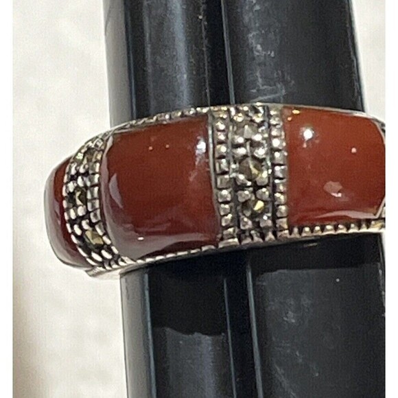 Designer Womens Carnelian Marcasite Sterling Silver Art Deco Style Ring Sz 6.75 - Picture 3 of 8
